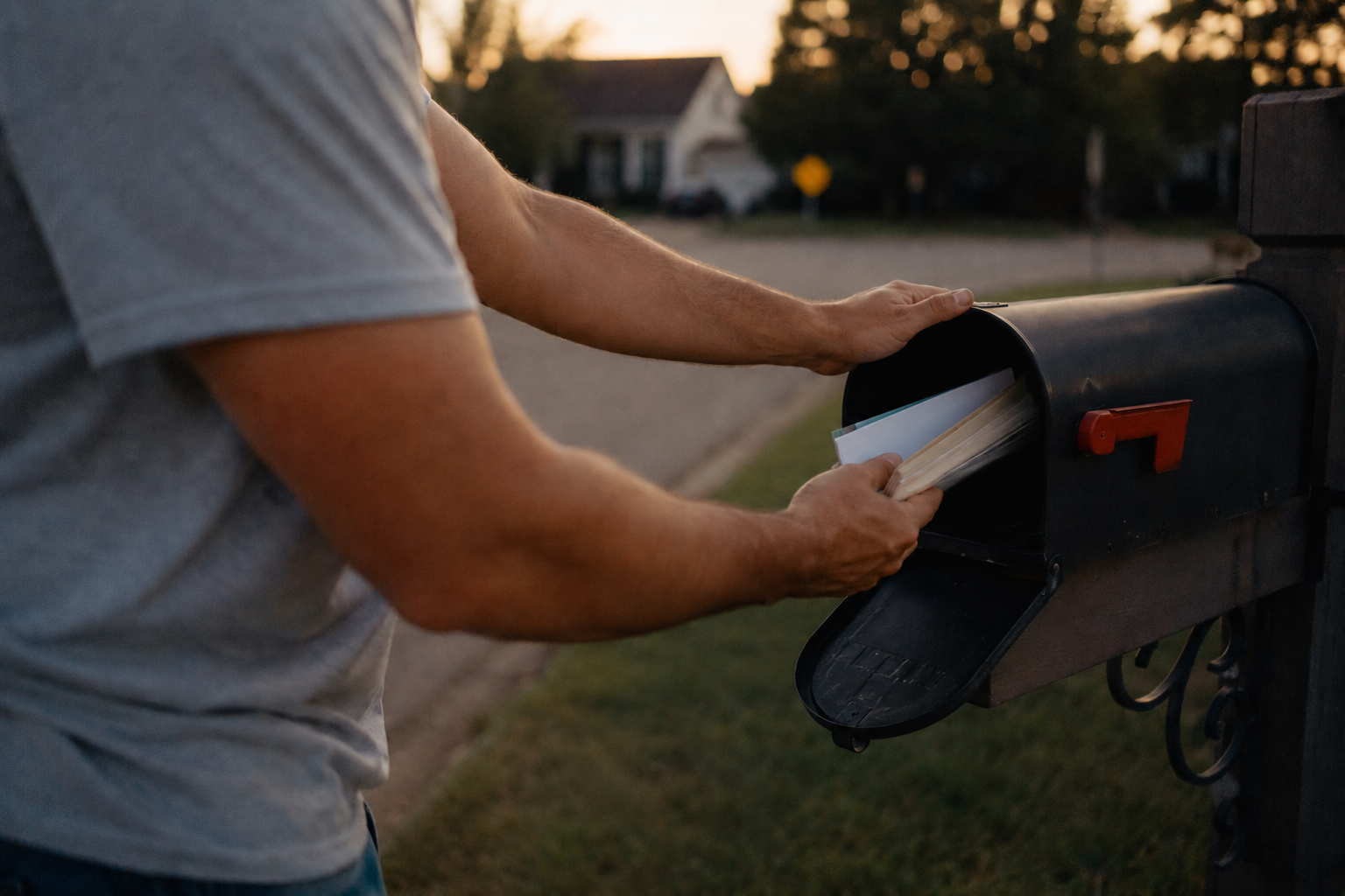 A dad pulling mail from his mailbox at sunset.