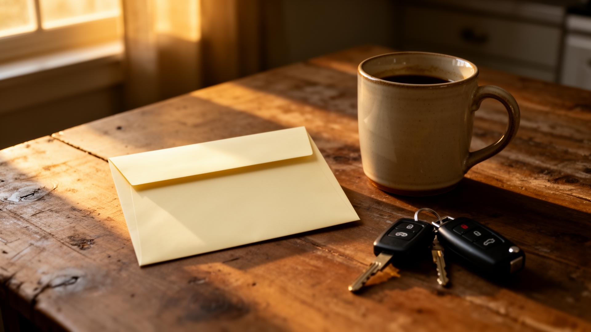 A cream envelope resting on a kitchen table next to a coffee mug and keys.