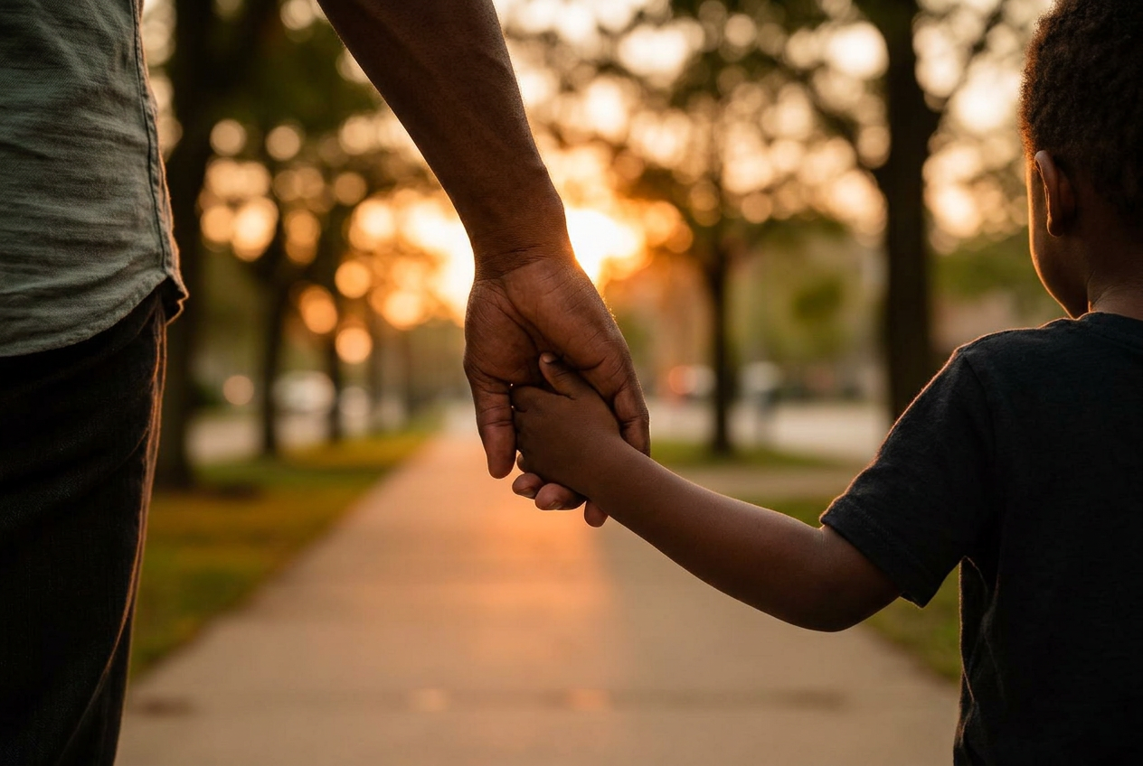 A Black dad holding his young child's hand while walking at golden hour.
